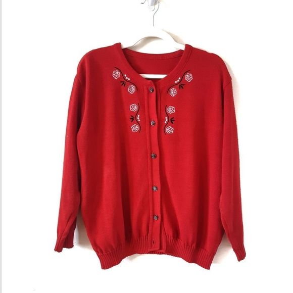 Vintage Red Cardigan with Floral Embroidery - Picture 1 of 4